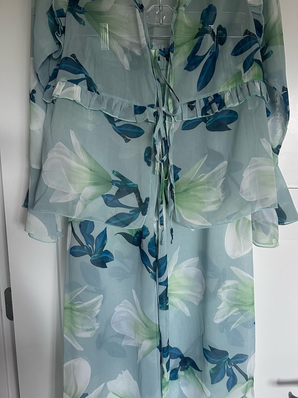DOTTO Pale Mint and Teal Floral sheer cardigan with matching sheer pants